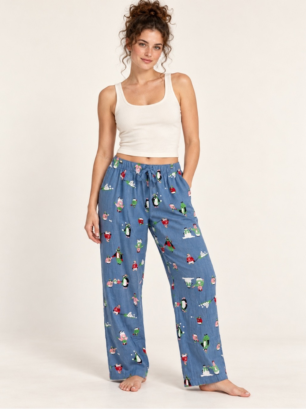 Old Navy Penguin Flannel Pajama Pants Blue Holiday Pockets Women's Size L NWT